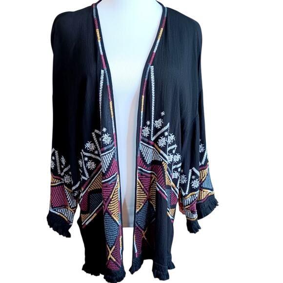 KNOX ROSE Artsy Embroidered Kimono Duster Cardigan Jacket XS Fringe‎ Open Front - Picture 8 of 9